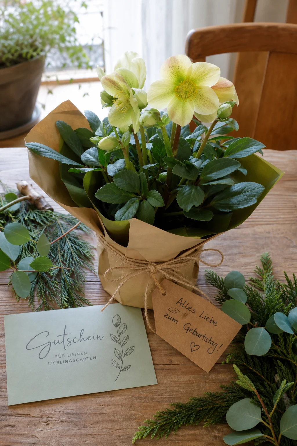Eingewickeltes Geburtstagsgeschenk auf einem Holztisch: eine kleine Christrose im Topf mit handgeschriebenem Anhänger, daneben ein Gutschein-Umschlag und frisches Grün.