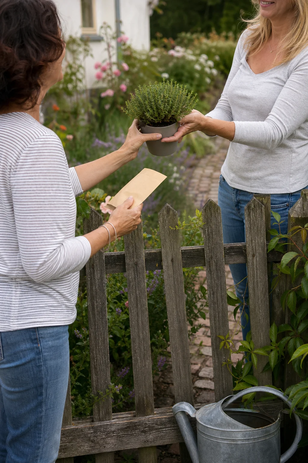 Zwei Nachbarinnen reichen sich über einen Gartenzaun einen kleinen Kräutertopf und ein Saatgut-Tütchen, beide in legerer Gartenkleidung, blühender Garten im Hintergrund.