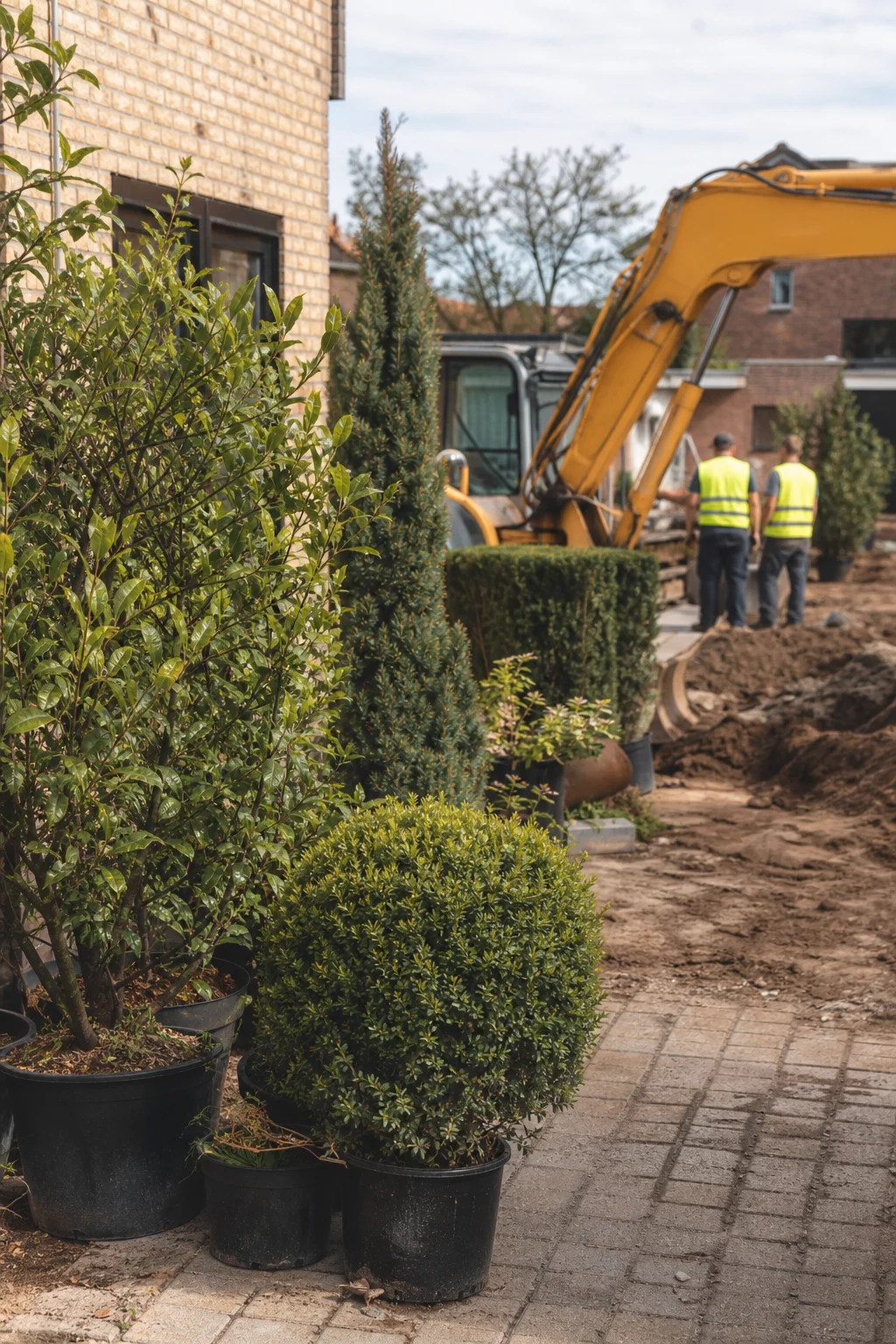 Gesunde Sträucher, Hecken und kleine Bäume in Töpfen stehen neben einem gelben Bagger auf einer Landschaftsbau-Baustelle, im Hintergrund zwei Bauarbeiter in Warnwesten.