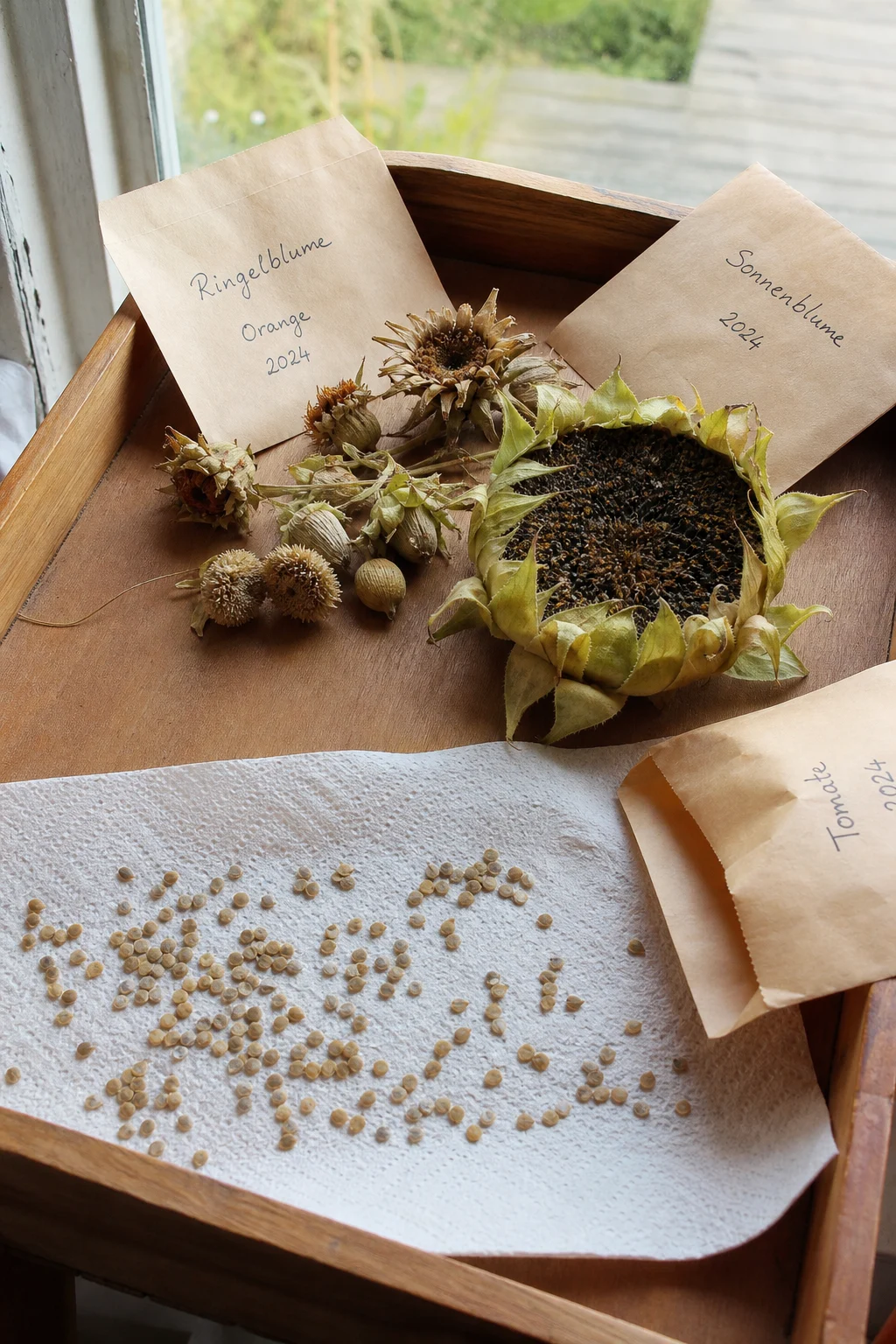 Holztablett mit getrockneten Samenständen von Sonnenblume und Ringelblume, Tomatensamen auf Küchenpapier, handbeschriftete Papiertütchen.