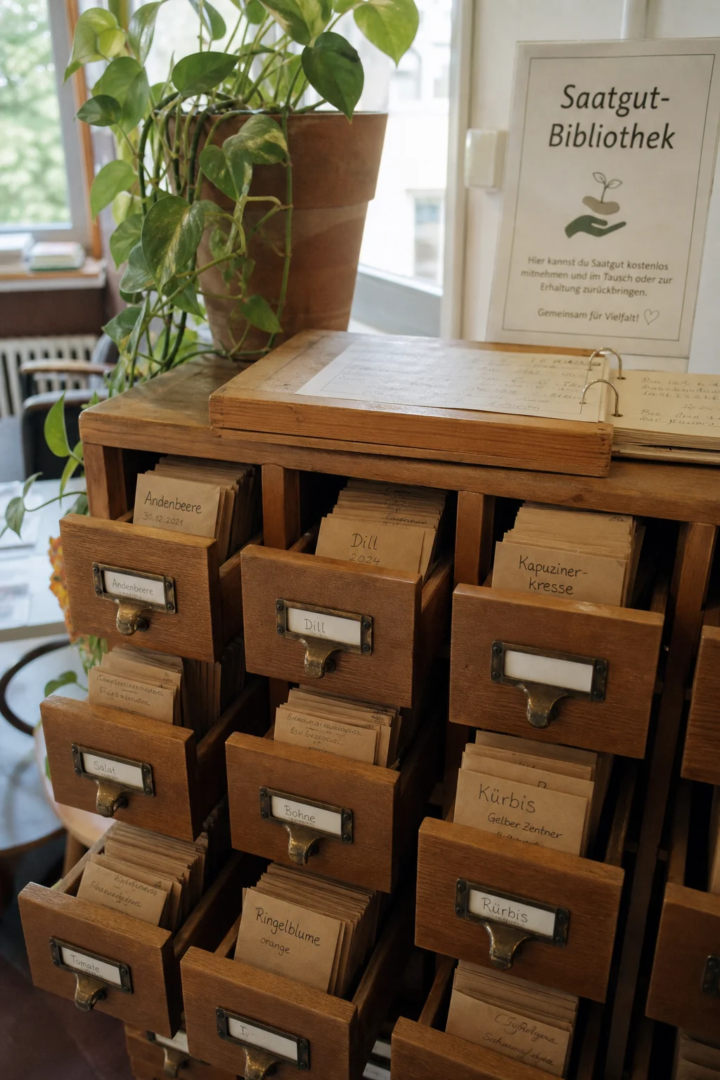Saatgut-Bibliothek in einer öffentlichen Bücherei: Holzschrank im Karteikasten-Stil mit kleinen Schubladen voller handbeschrifteter Saatguttütchen, ein hölzernes Leihregister liegt oben.