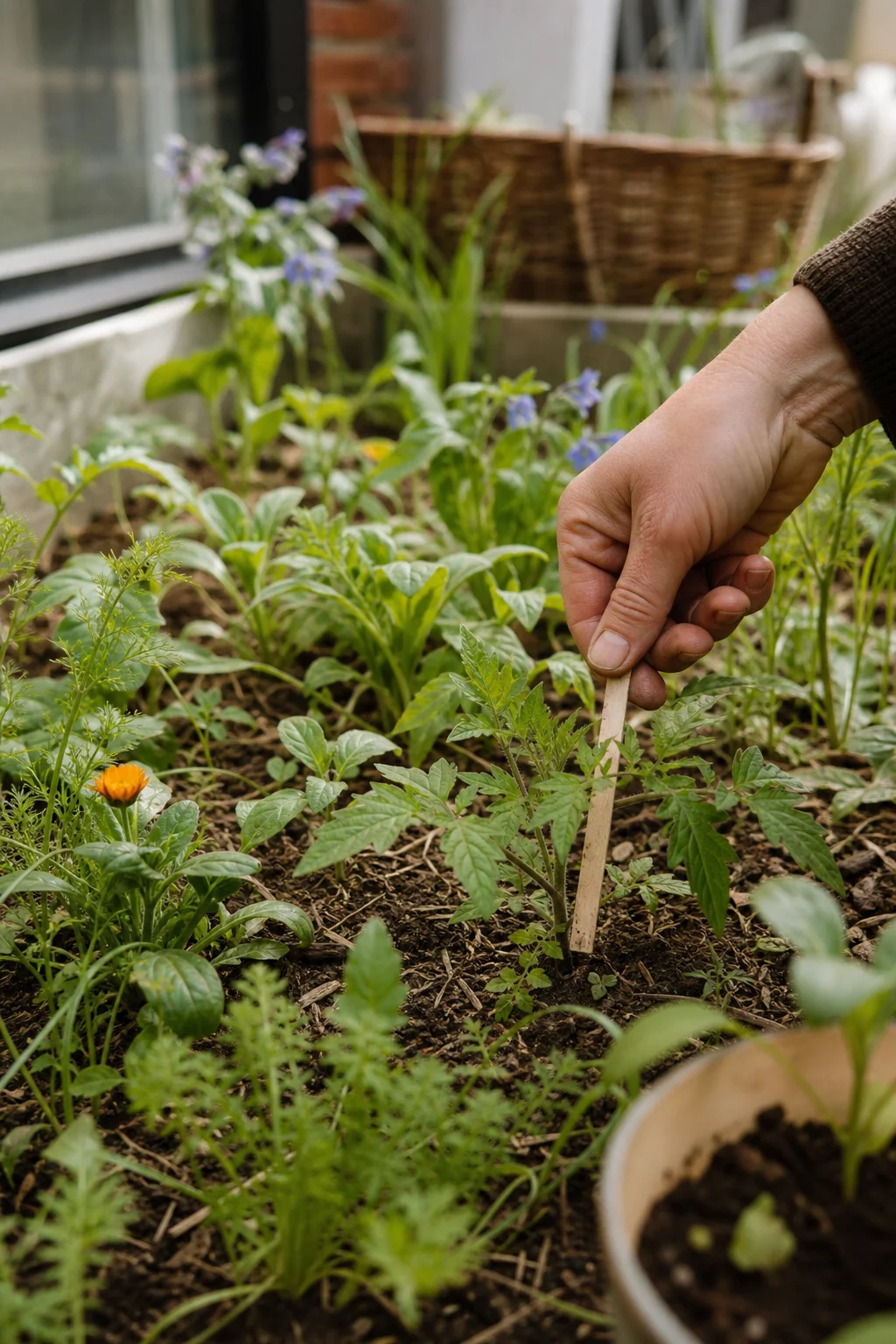 Beet im Frühjahr mit zahlreichen selbst ausgesäten Sämlingen aus Tomate, Ringelblume, Dill und Borretsch zwischen gemulchtem Boden.