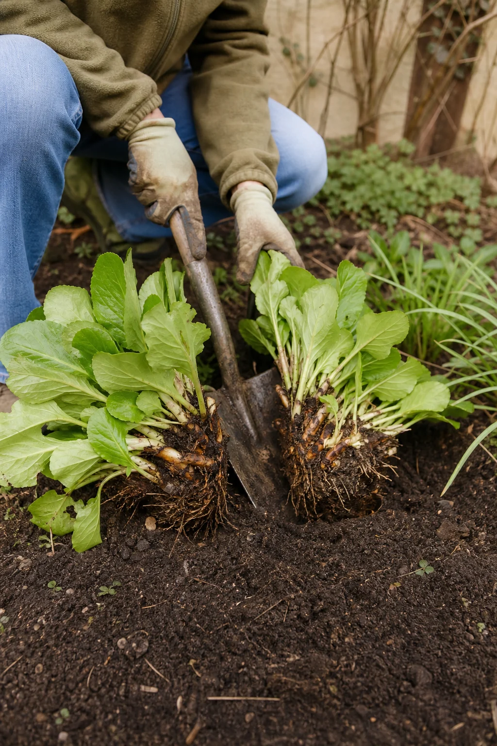 Eine Gärtnerin teilt mit einem Spaten einen großen Staudenballen — Bergenie oder Funkie — in zwei gesunde Hälften auf einem Frühjahrs-Gartenbeet.
