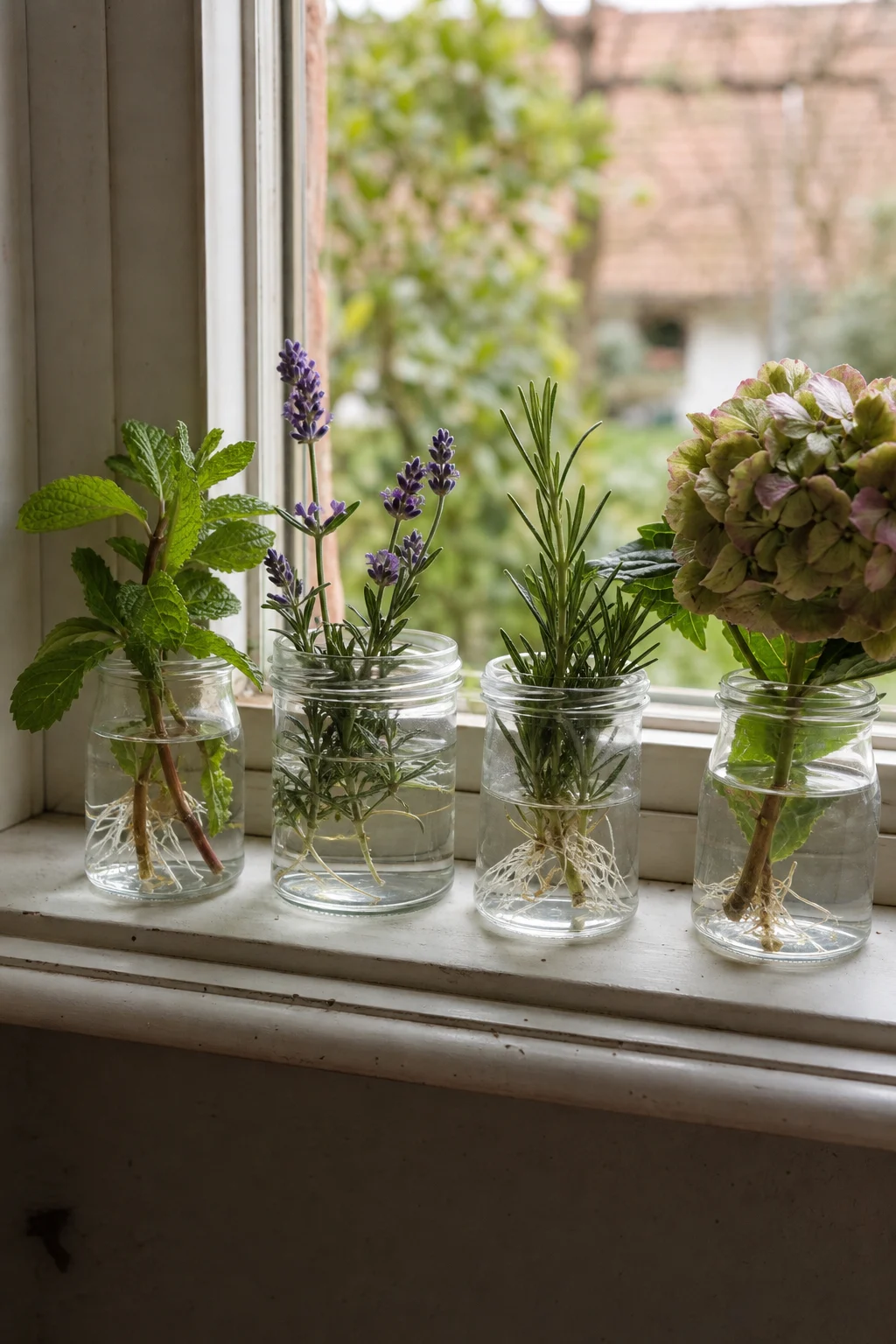Mehrere kleine Gläser mit Wasser auf einer Fensterbank, jeweils mit Stecklingen von Minze, Lavendel, Rosmarin und Hortensie, erste weiße Wurzeln sind sichtbar.
