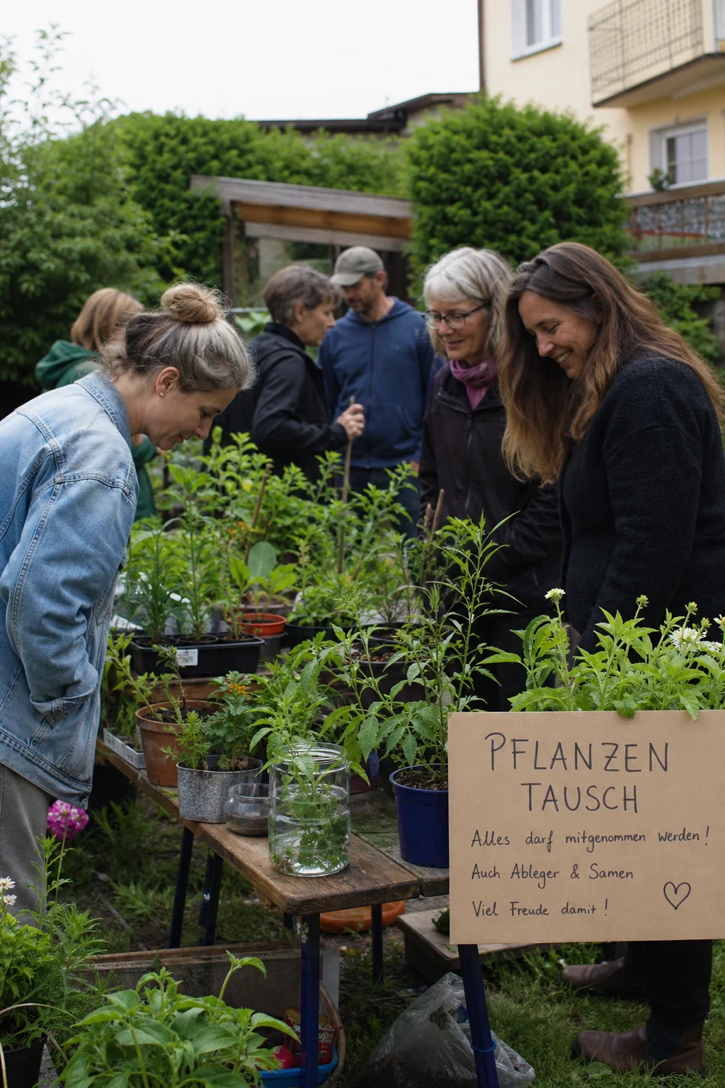 Kleine Pflanzentauschbörse in einem Stadtgarten mit Setzlingen, Stauden und Topfpflanzen auf Tischen, handgeschriebene Schilder.