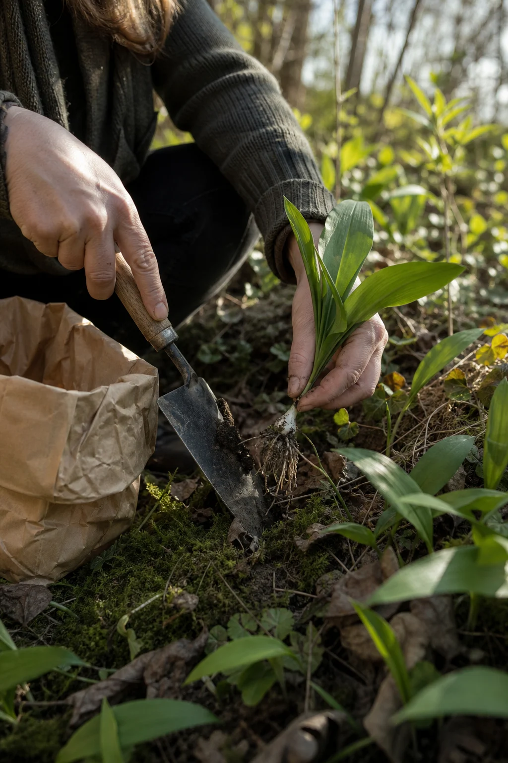 Hände heben mit einem kleinen Spaten vorsichtig eine einzelne Wildpflanze am Waldrand aus, eine Papiertüte liegt daneben.
