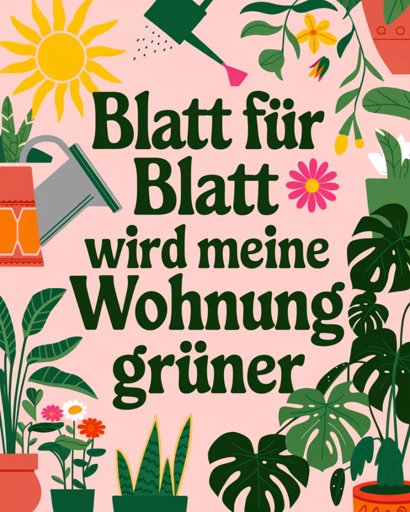Zimmerpflanzen und Gießkanne, Schriftzug: Wohnung grüner