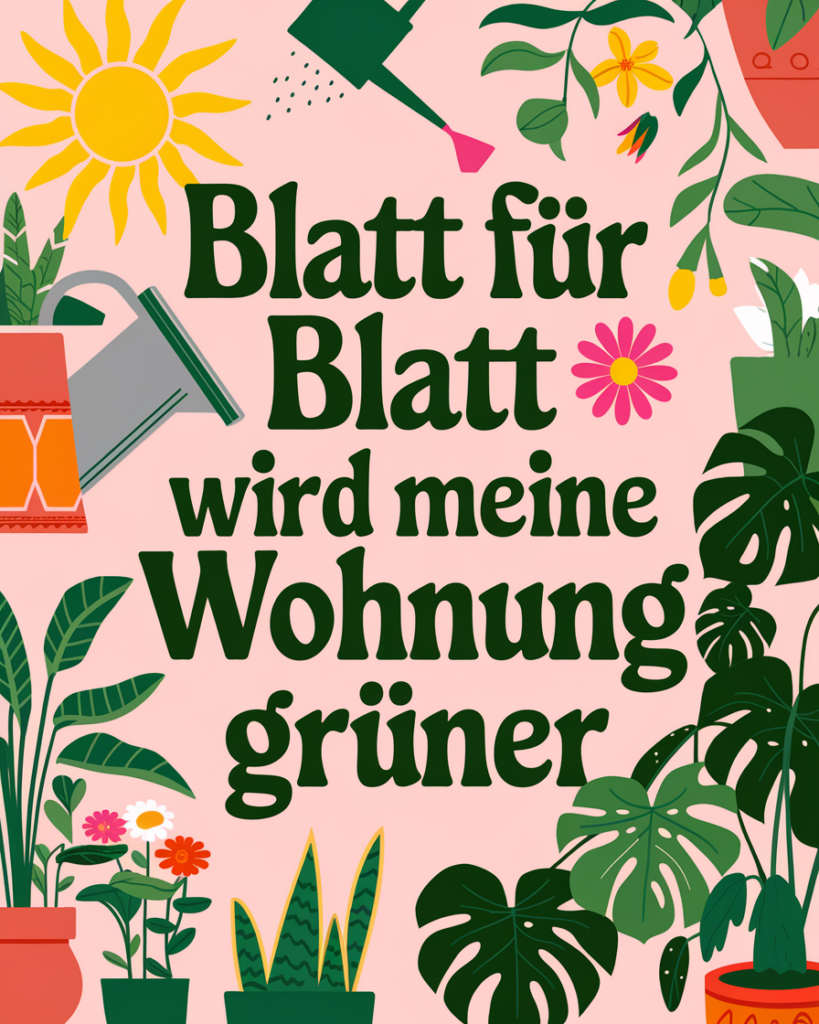 Zimmerpflanzen und Gießkanne, Schriftzug: Wohnung grüner