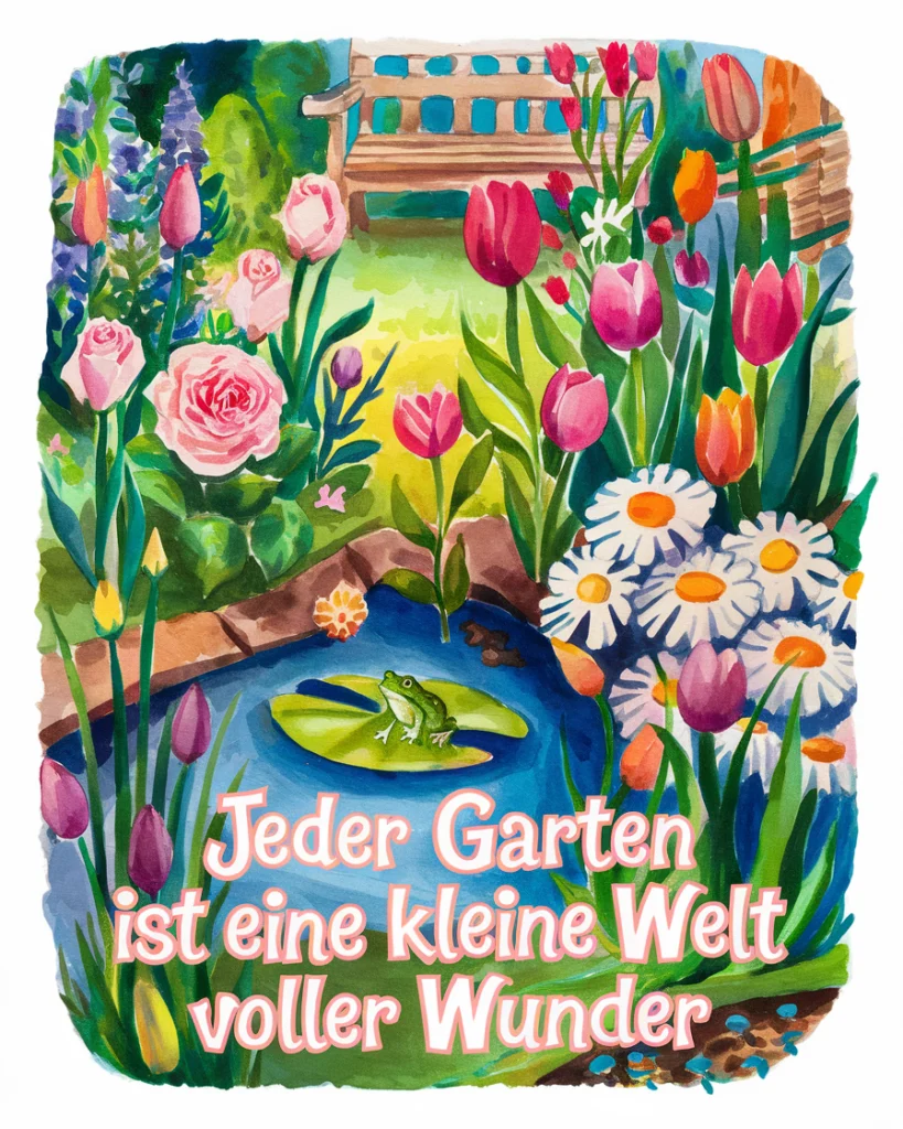 Bunte Gartenillustration mit Fröschen und Blumen.