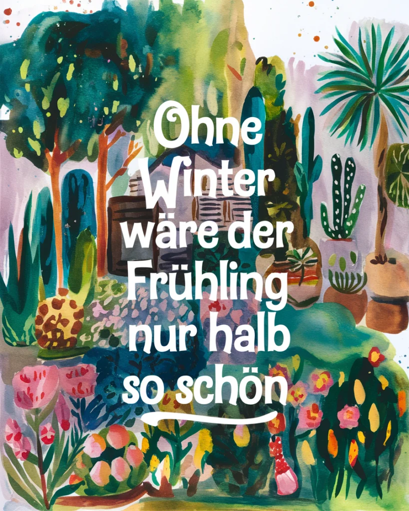 Bunte Blumen im Garten mit Spruch über Winter.