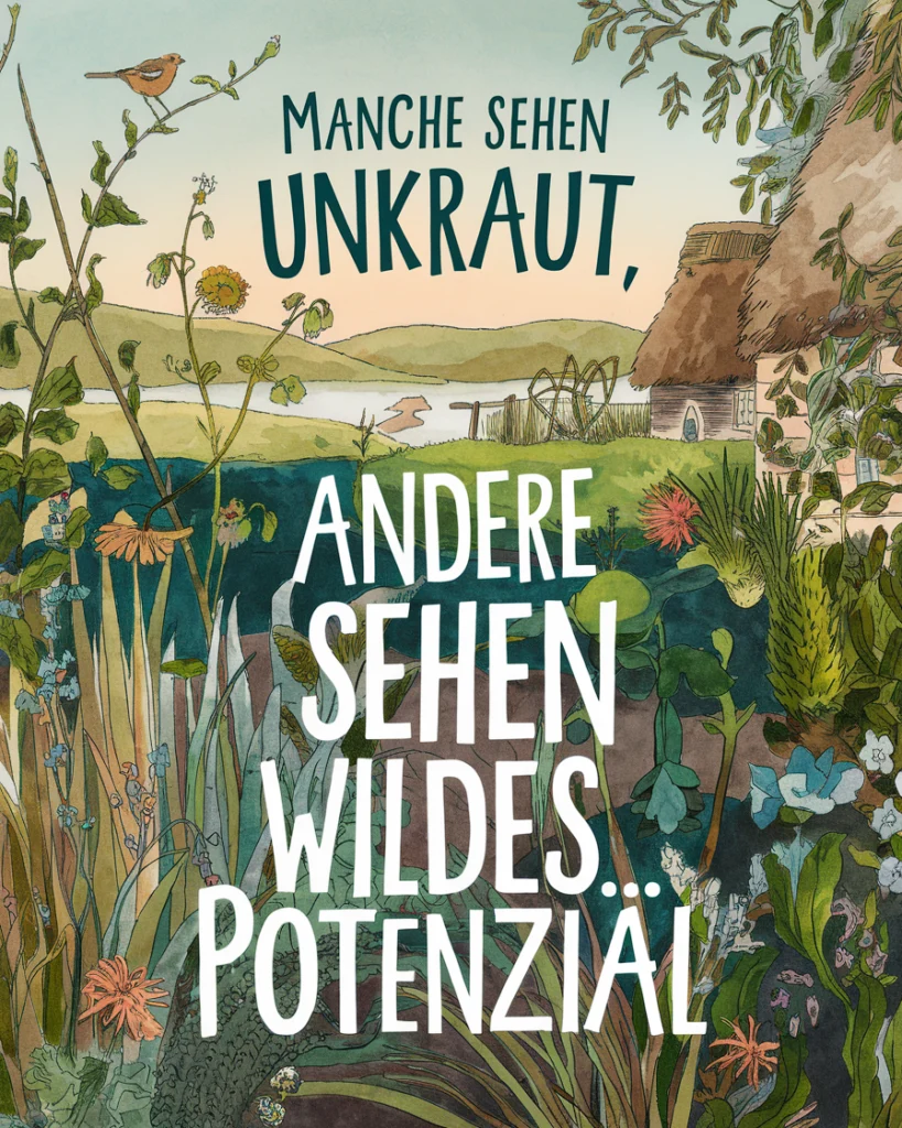 Gartenansicht mit Unkraut und Hütte, inspirierende Nachricht.