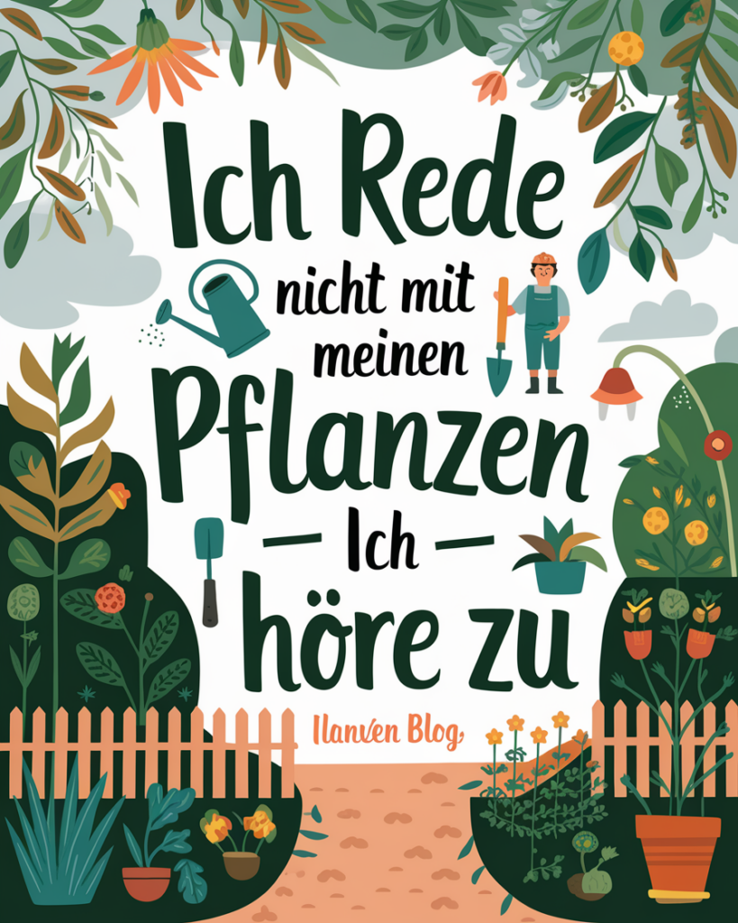 Humorvolles Pflanzenzitat mit Garten-Illustrationen.