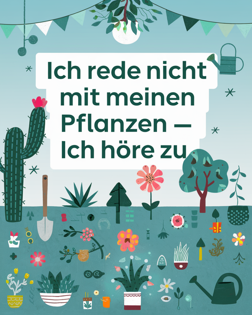 Pflanzenillustration mit Gartenwerkzeugen und dekorativen Elementen.