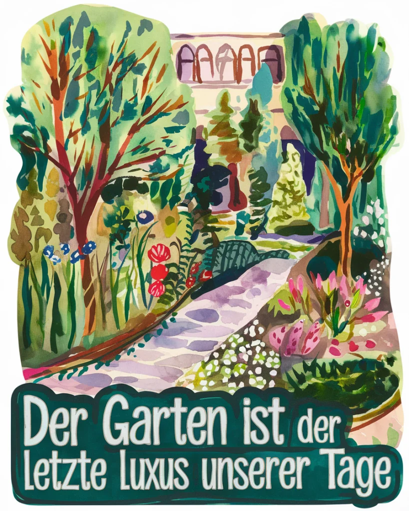 Illustration eines blühenden Gartens mit Spruch