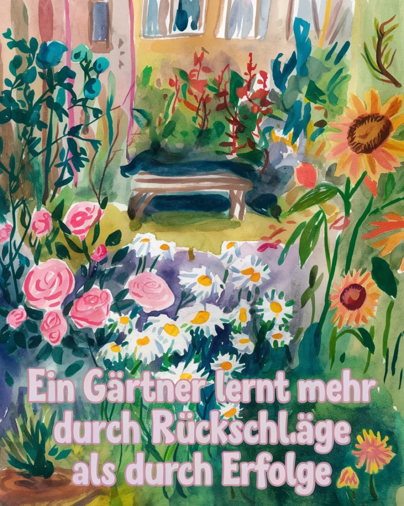 Bunte Gartenszene mit inspirierendem Zitat.
