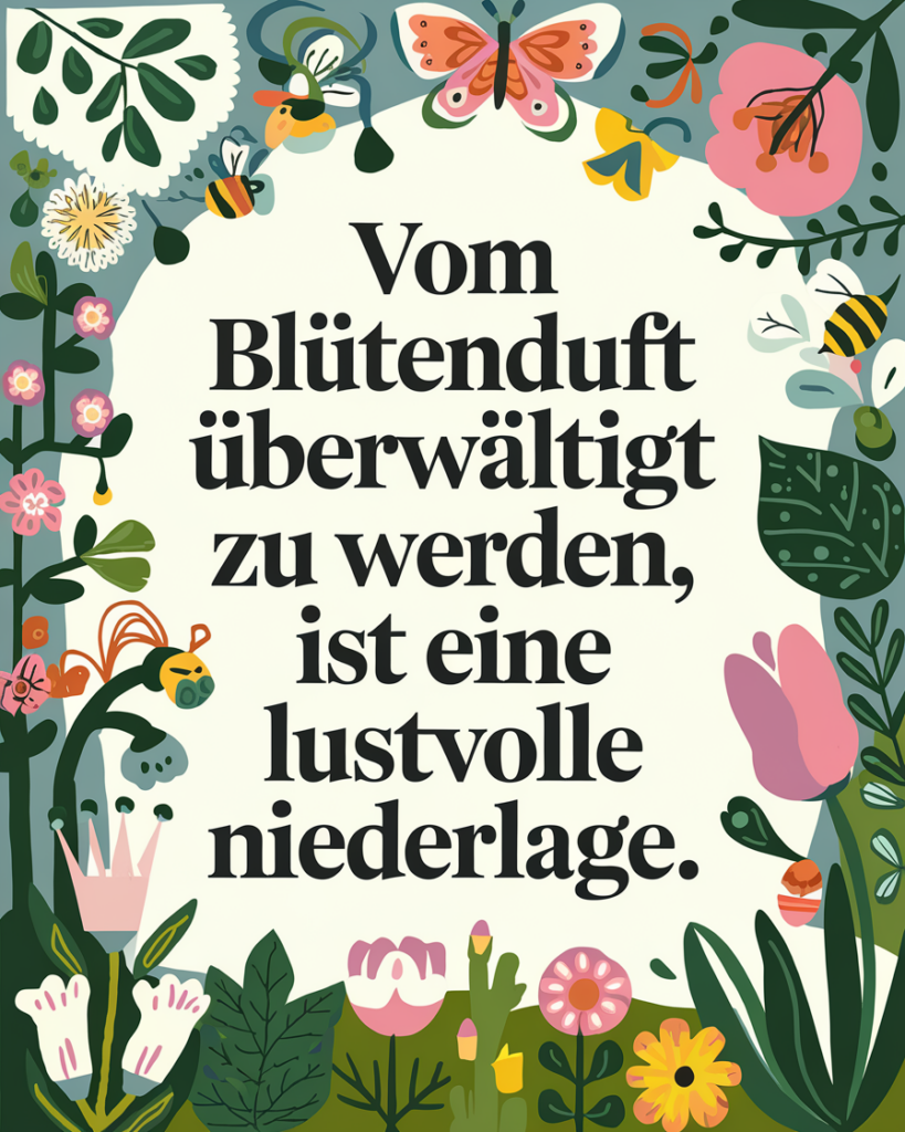 Blumenzitat mit dekorativen Illustrationen und Insekten