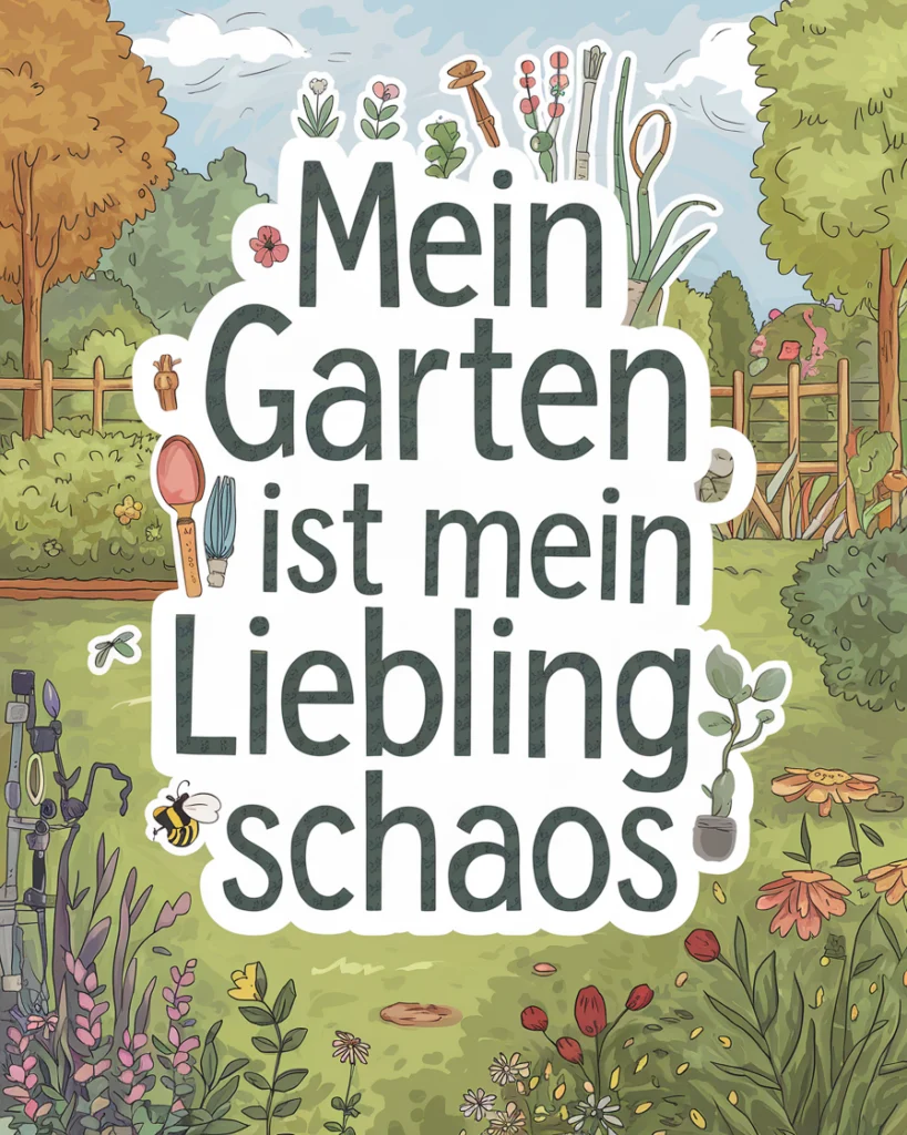 Bunter Garten mit Spruch und Pflanzenillustrationen.
