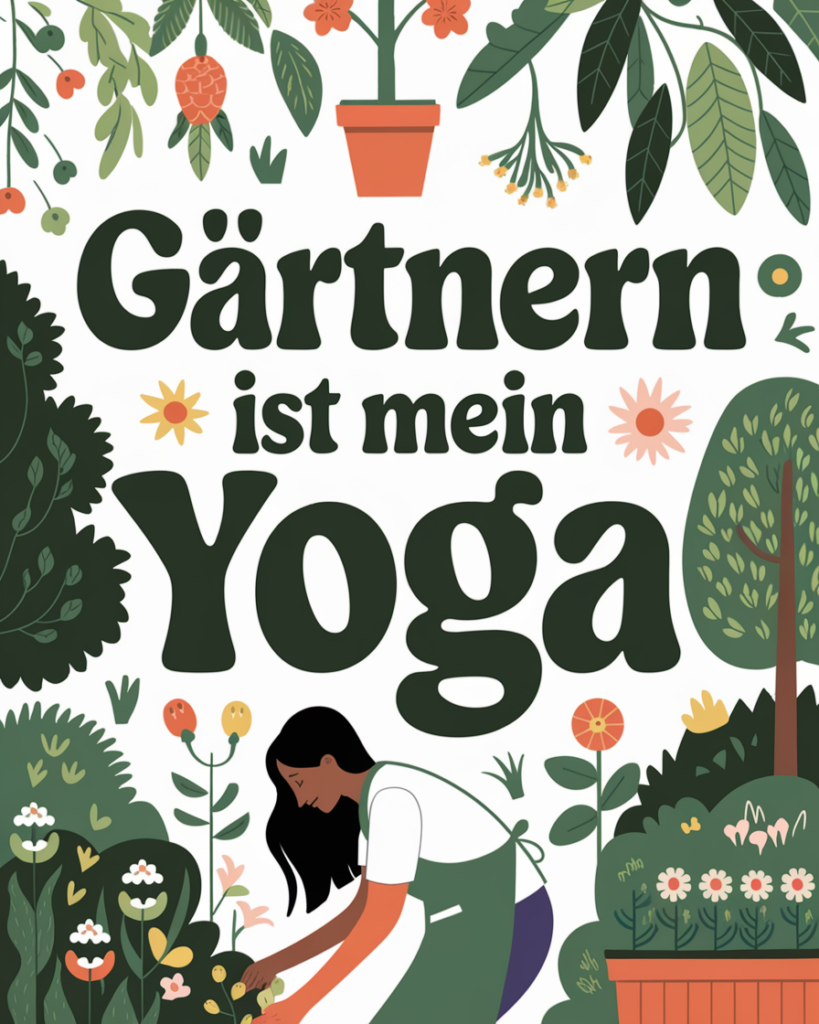 Gärtnerin pflanzt Blumen, Text: Gärtnern ist mein Yoga