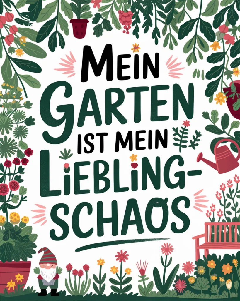 Garten-Chaos Illustration mit Pflanzen und Gartenzwerg
