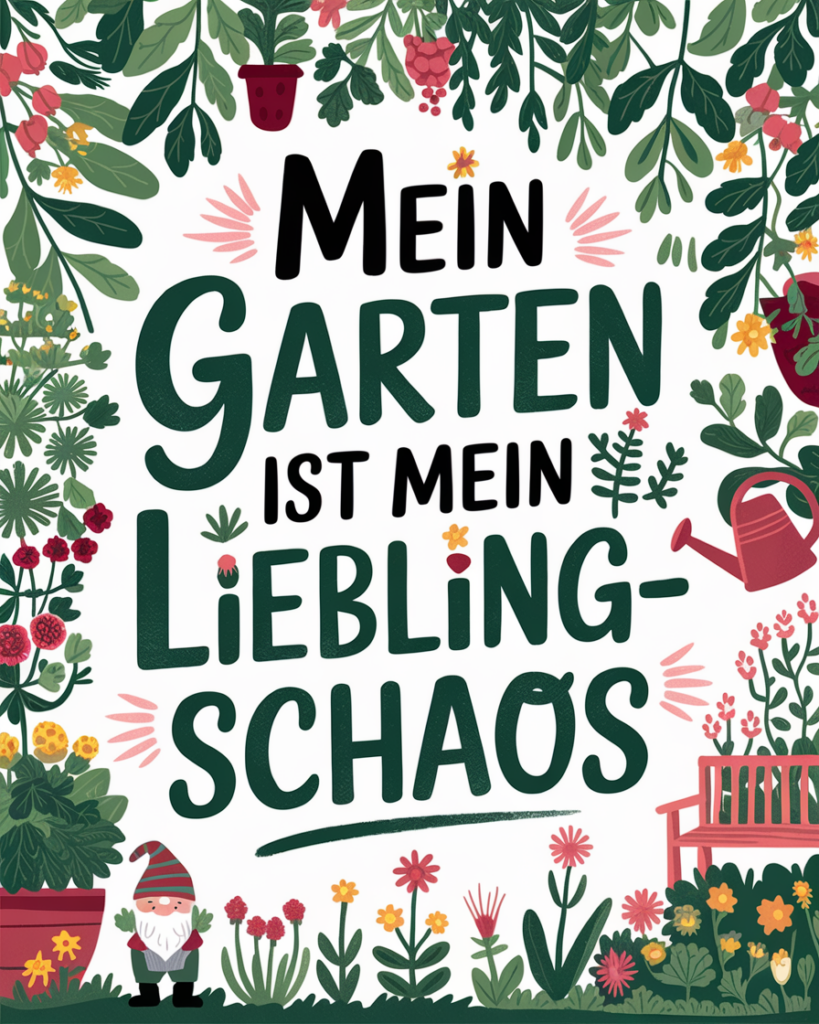 Garten-Chaos Illustration mit Pflanzen und Gartenzwerg