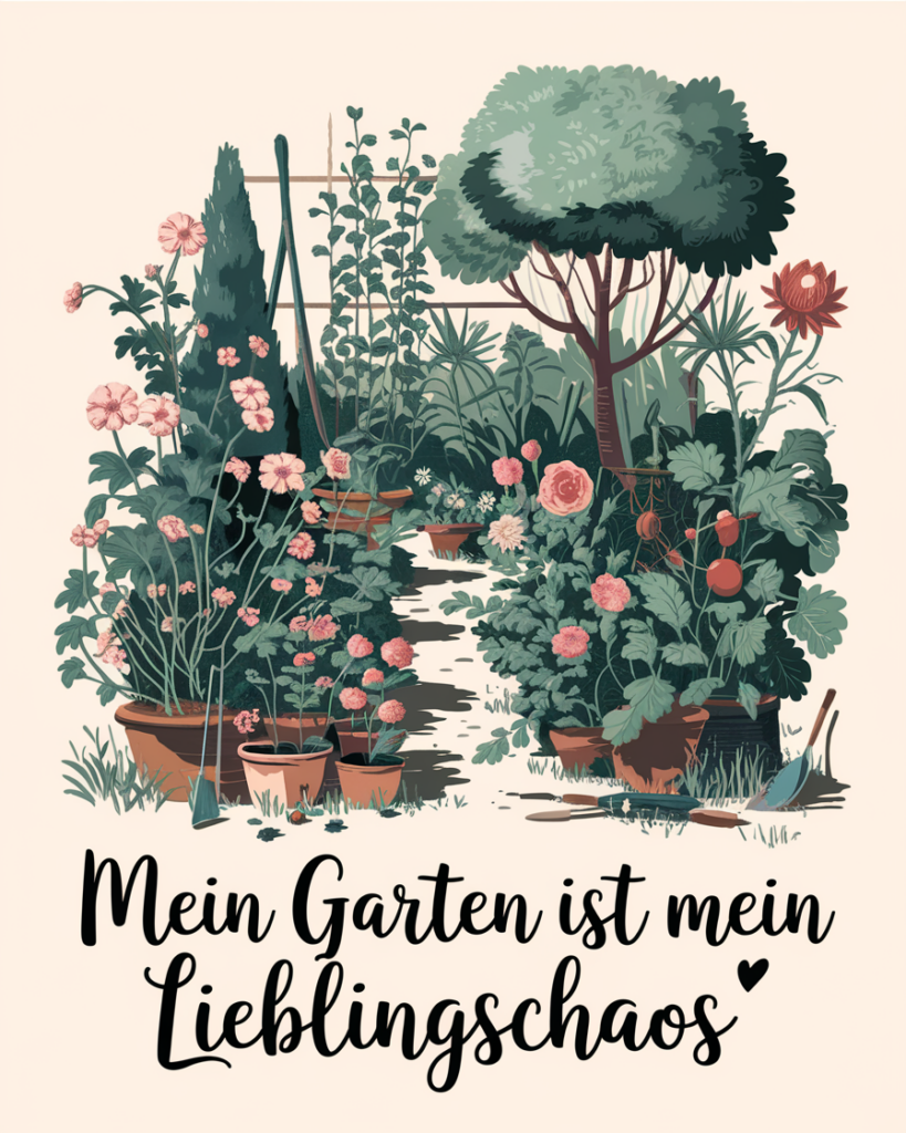 Illustration eines chaotischen Gartens mit Pflanzen.