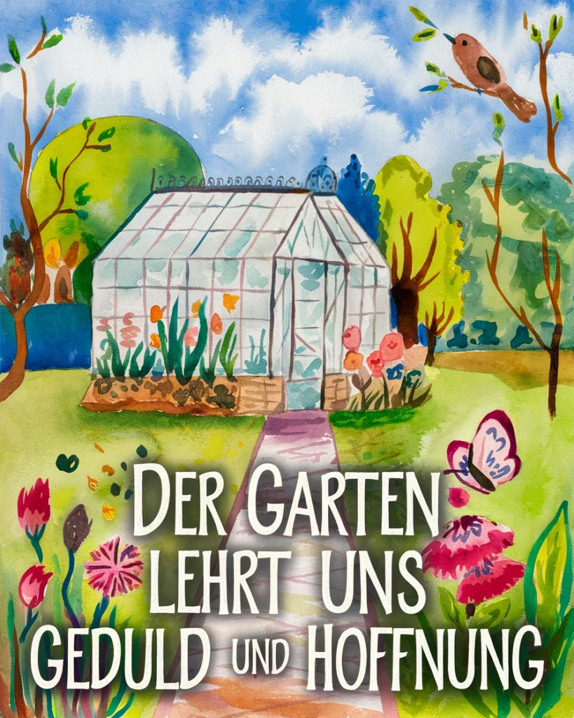 Garten mit Gewächshaus, Natur und Zitat
