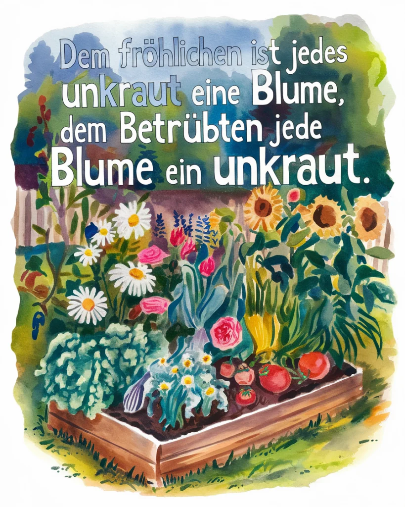 Blumen und Gemüse im Garten mit Spruch.