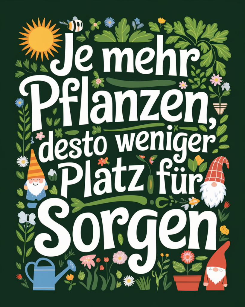Gartenposter mit Pflanzen und Zwergenillustrationen
