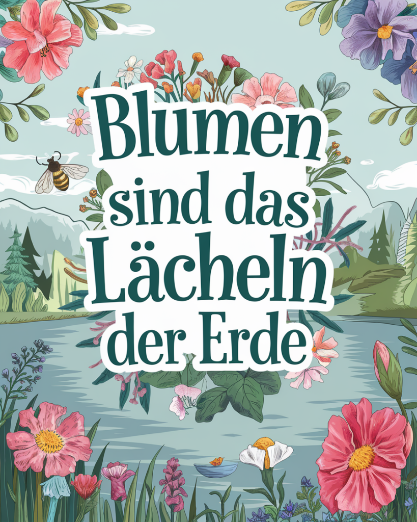 Illustration von bunten Blumen am See.