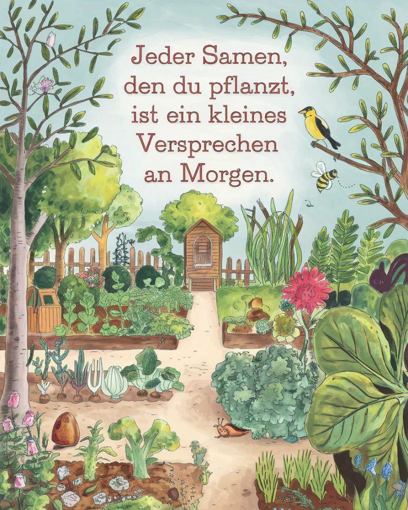 Gemalter Garten mit Bäumen und Pflanzen.