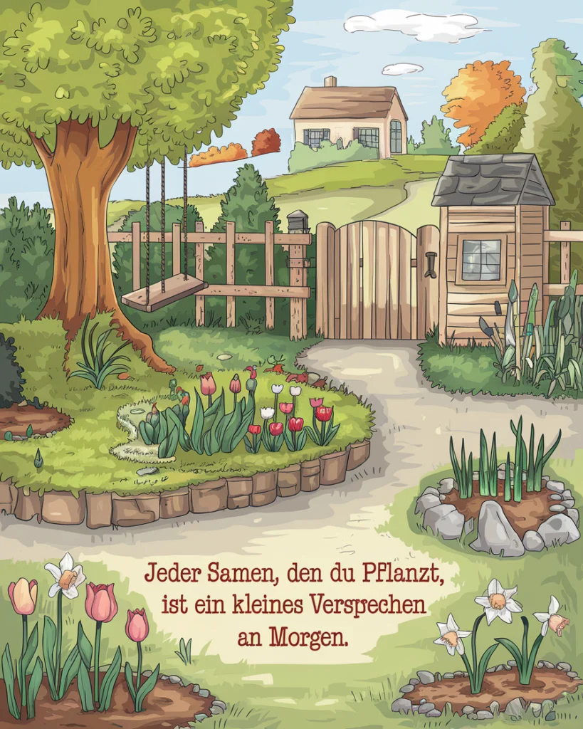 Garten mit Blumen und Schaukel.