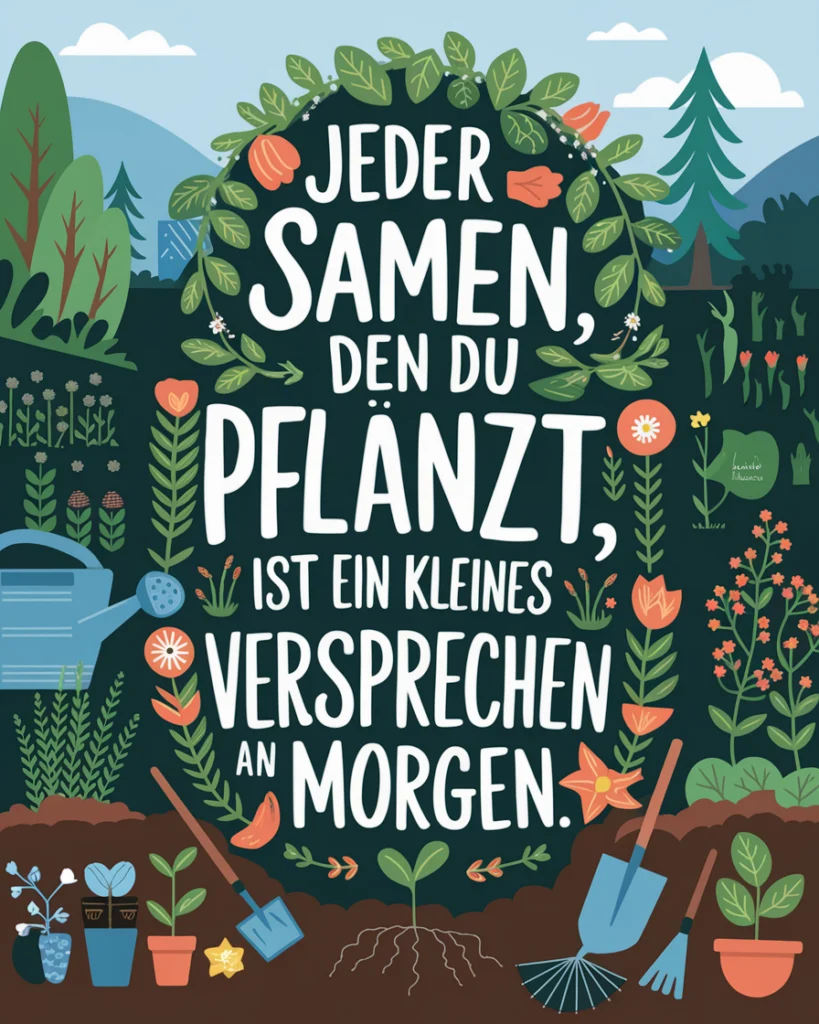Motivational gardening quote with plants and tools.