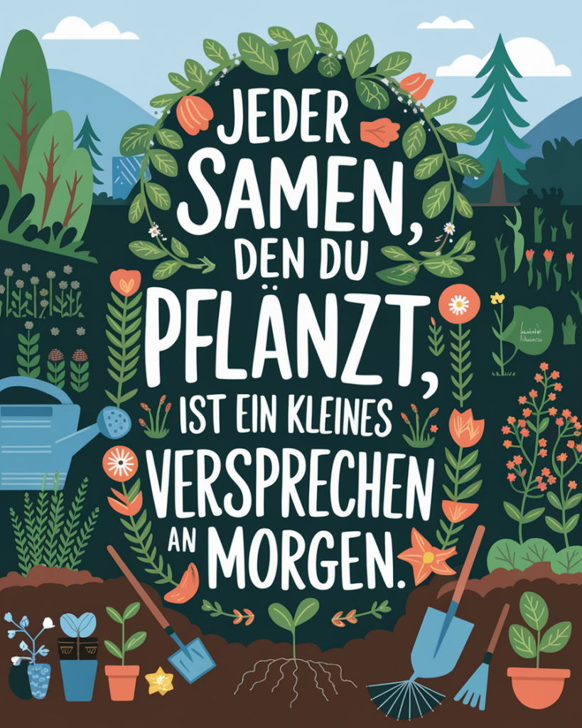 Motivational gardening quote with plants and tools.