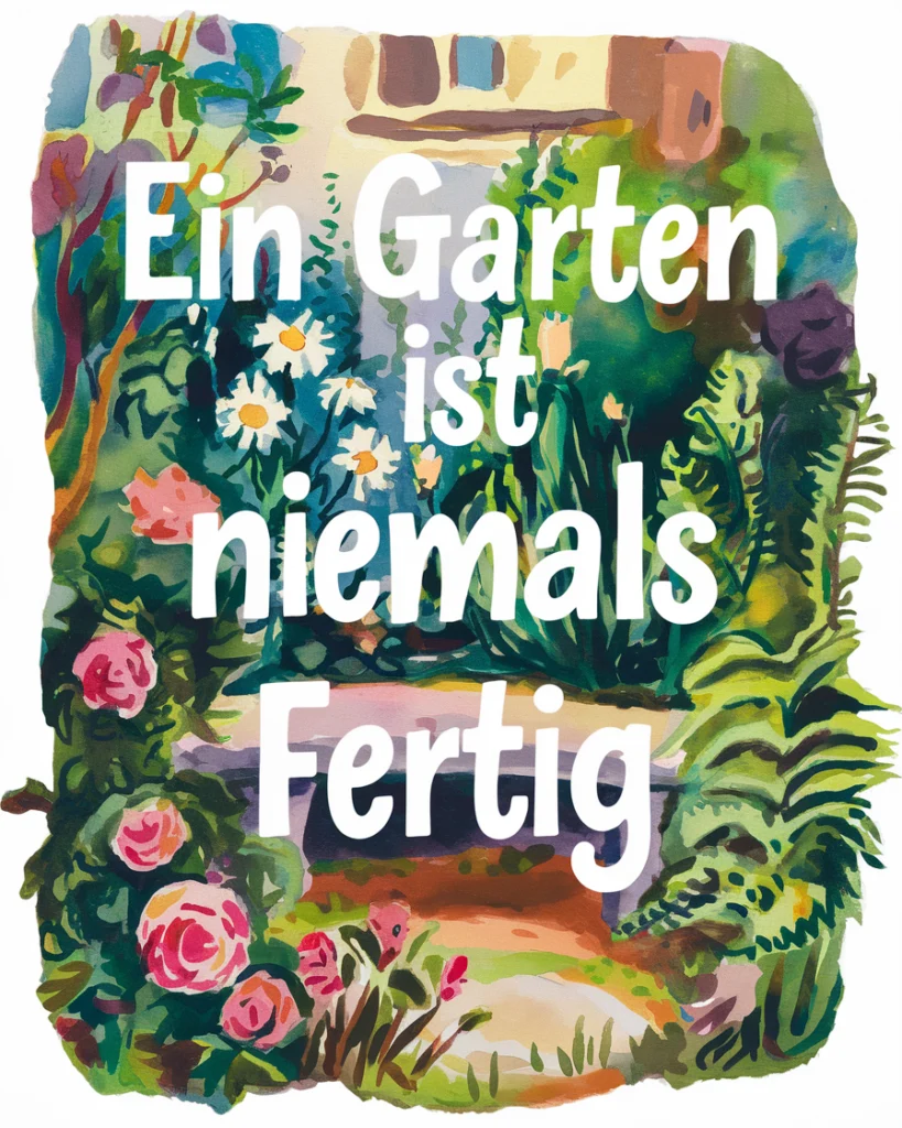 Garten mit Schriftzug: Ein Garten ist niemals fertig