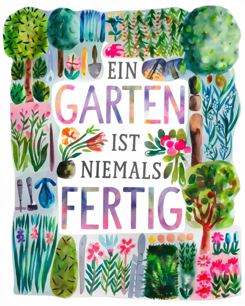 Bunter Garten mit Text 'Ein Garten ist niemals fertig'.