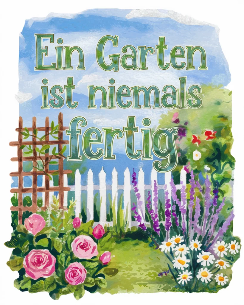 Blühender Garten und inspirierendes Zitat.