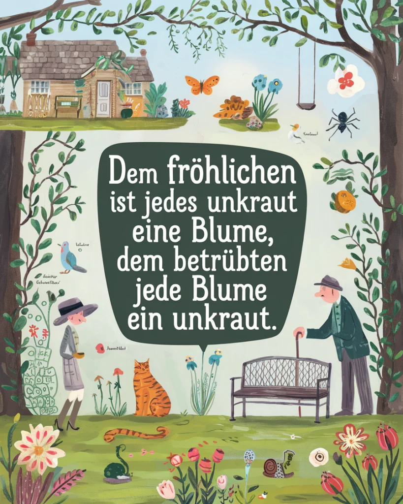 Illustration mit Spruch über Wahrnehmung von Unkraut und Blumen.