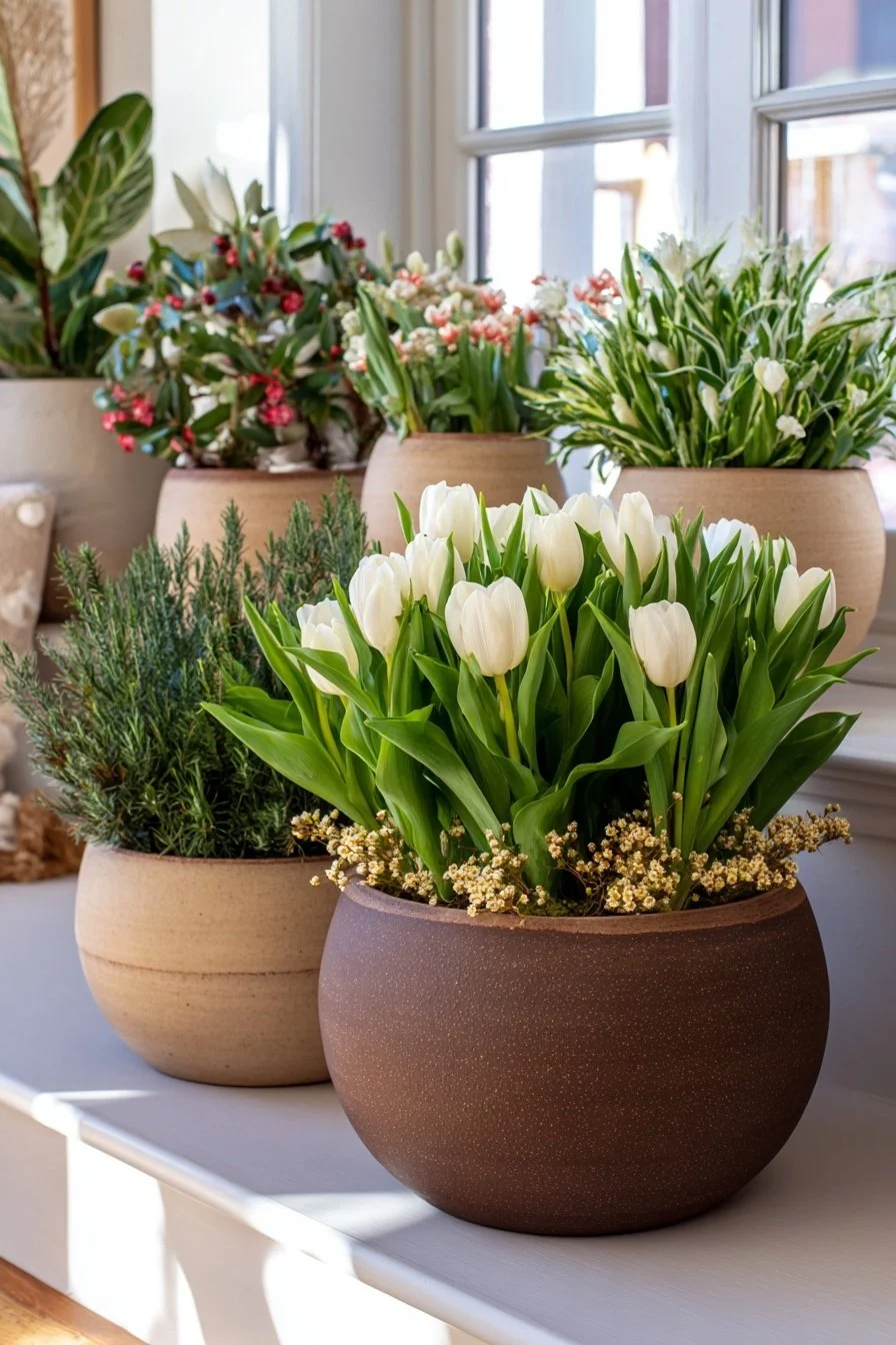 Pflanzschalen mit weißen Tulpen und Frühlingsblumen auf einer Fensterbank
