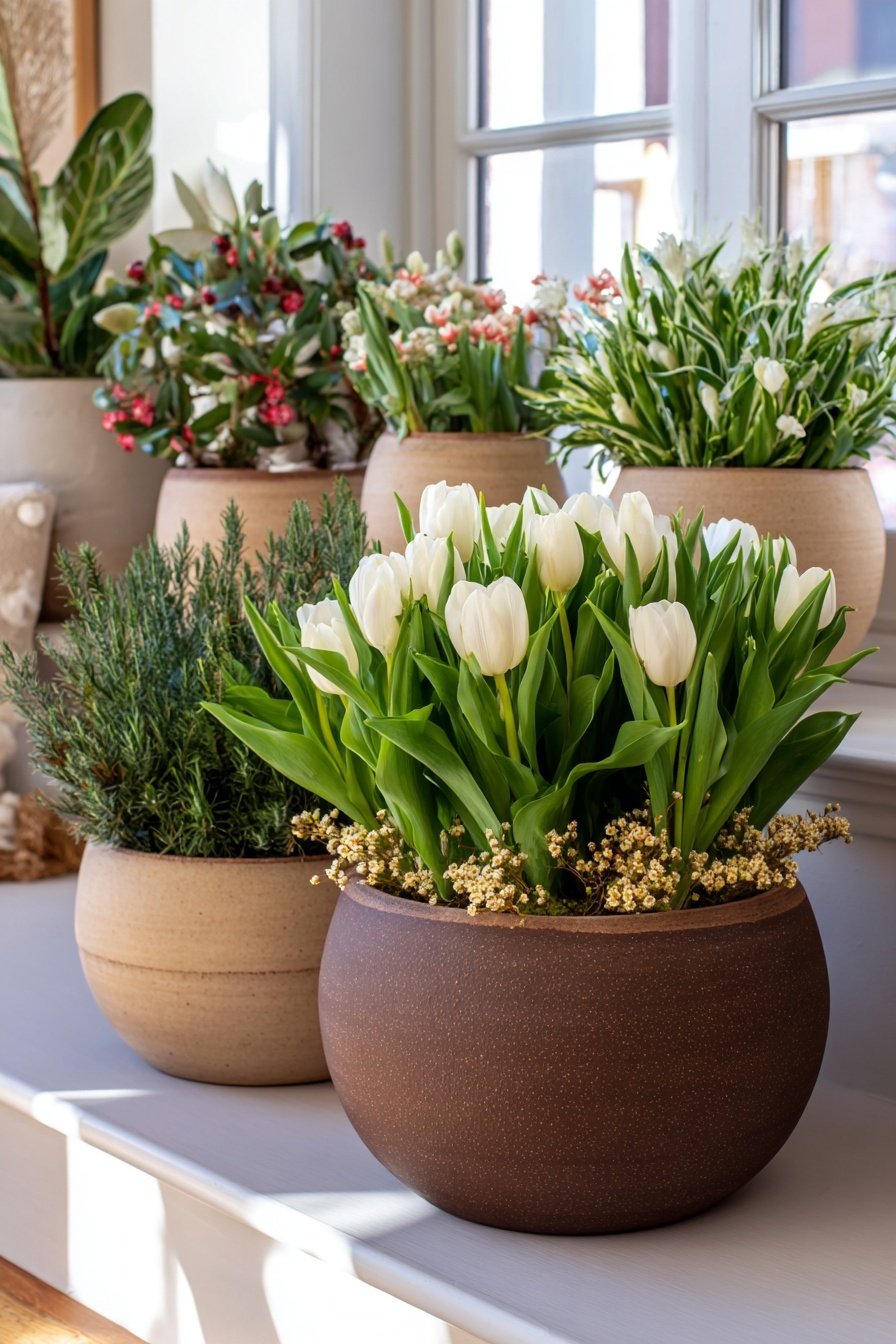 Pflanzschalen mit weißen Tulpen und Frühlingsblumen auf einer Fensterbank