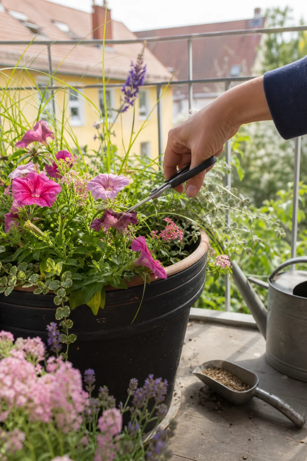 Eine Gärtnerin zwickt verblühte Petunien aus einem Sommerkübel, daneben stehen Gießkanne und ein kleiner Düngerlöffel.