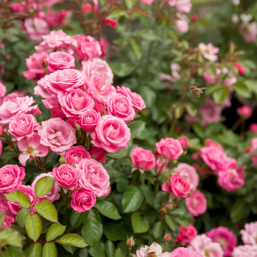 Rosa blühende Bodendeckerrosen in dichter Pflanzung