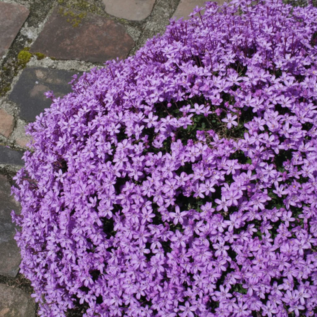 Violett blühendes Blaukissen, das über eine Pflastersteinkante wächst