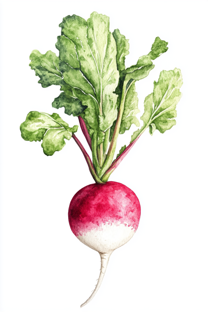 Aquarell-Radieschen mit Blättern