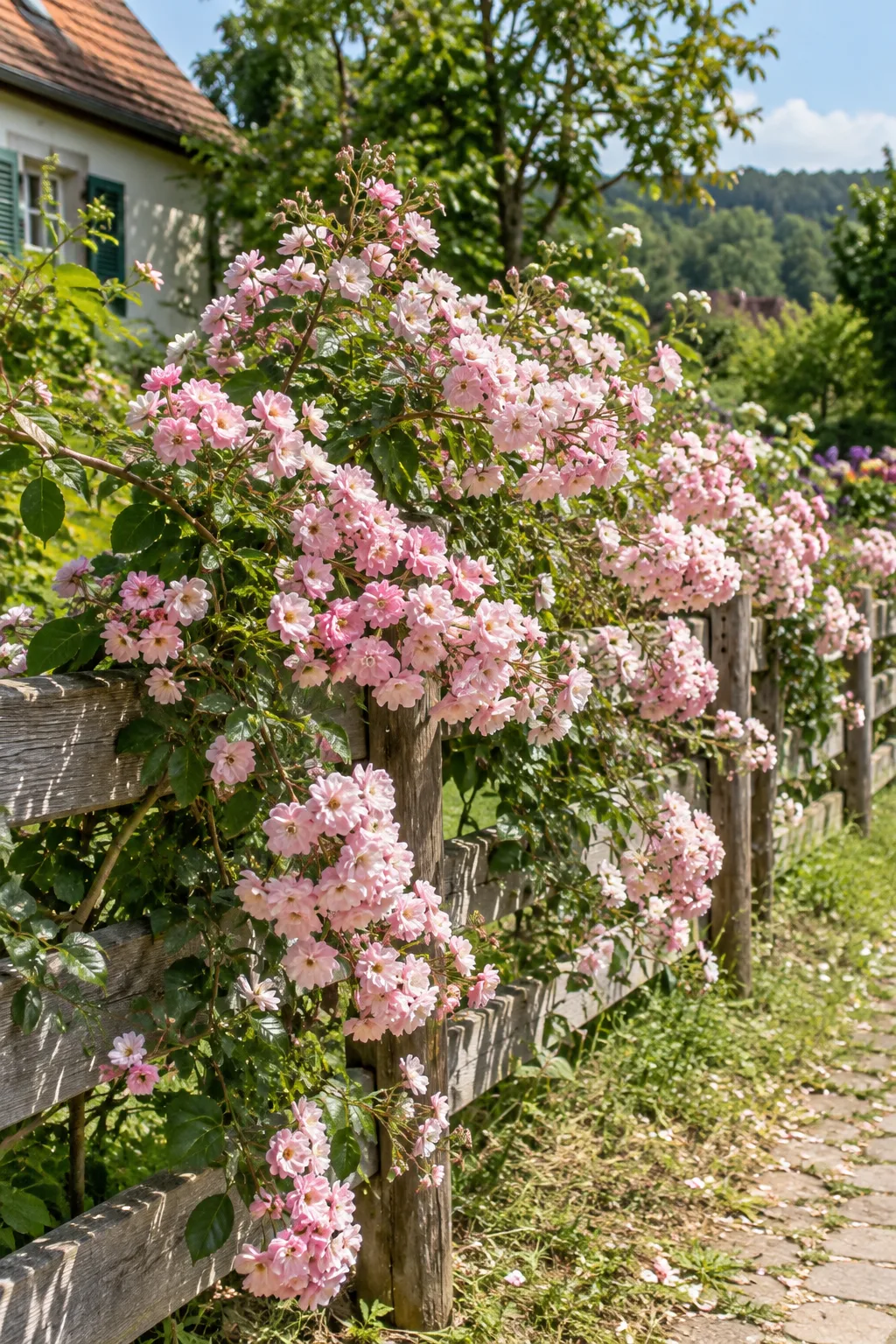 Ramblerrose mit Büscheln kleiner hellrosa Blüten, die im Juni über einen langen Holzzaun fällt