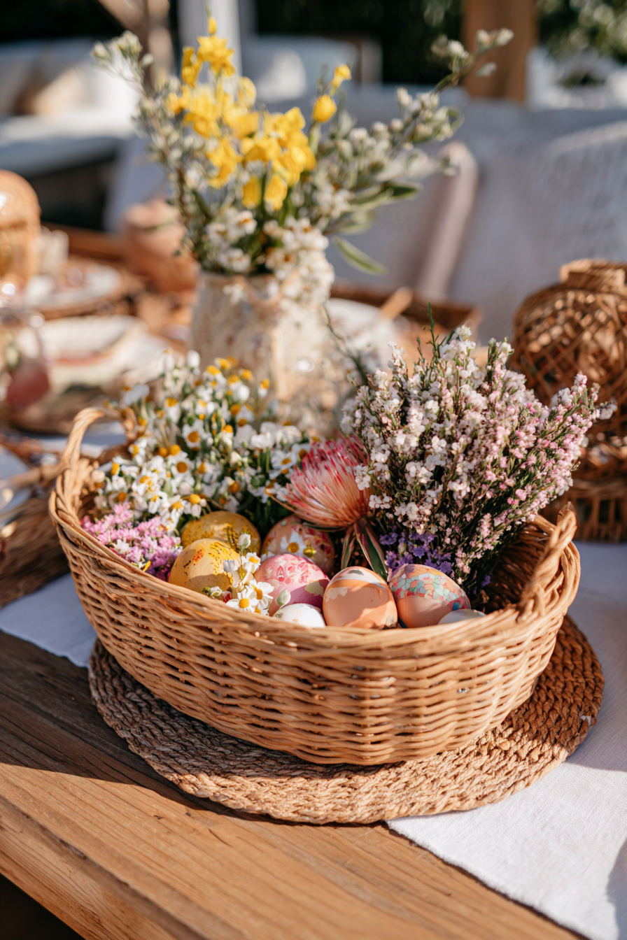 Rattankorb mit bunten Blüten auf Tisch