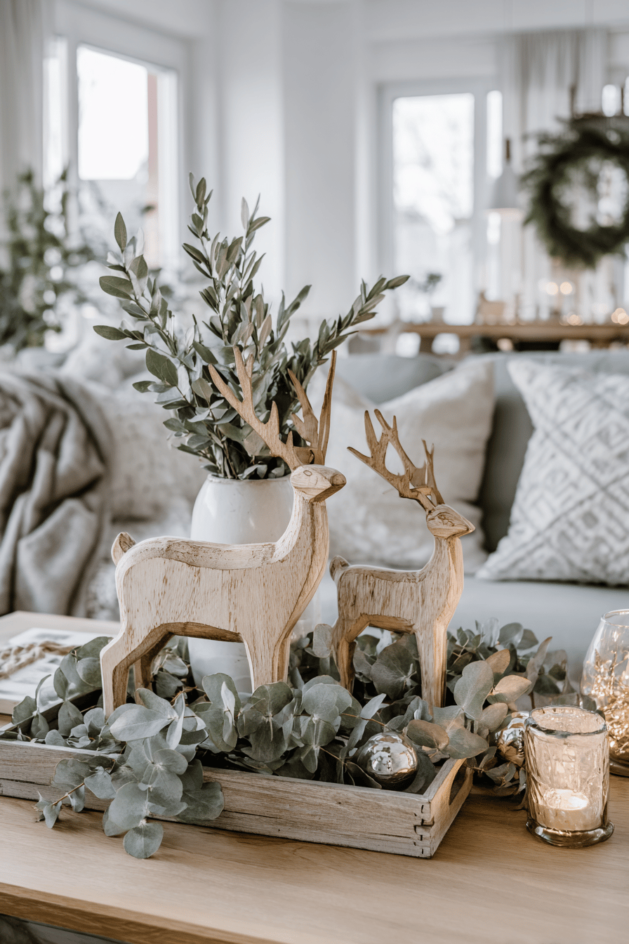 Zwei Rentierfiguren aus Holz in einer weihnachtlichen Deko-Schale