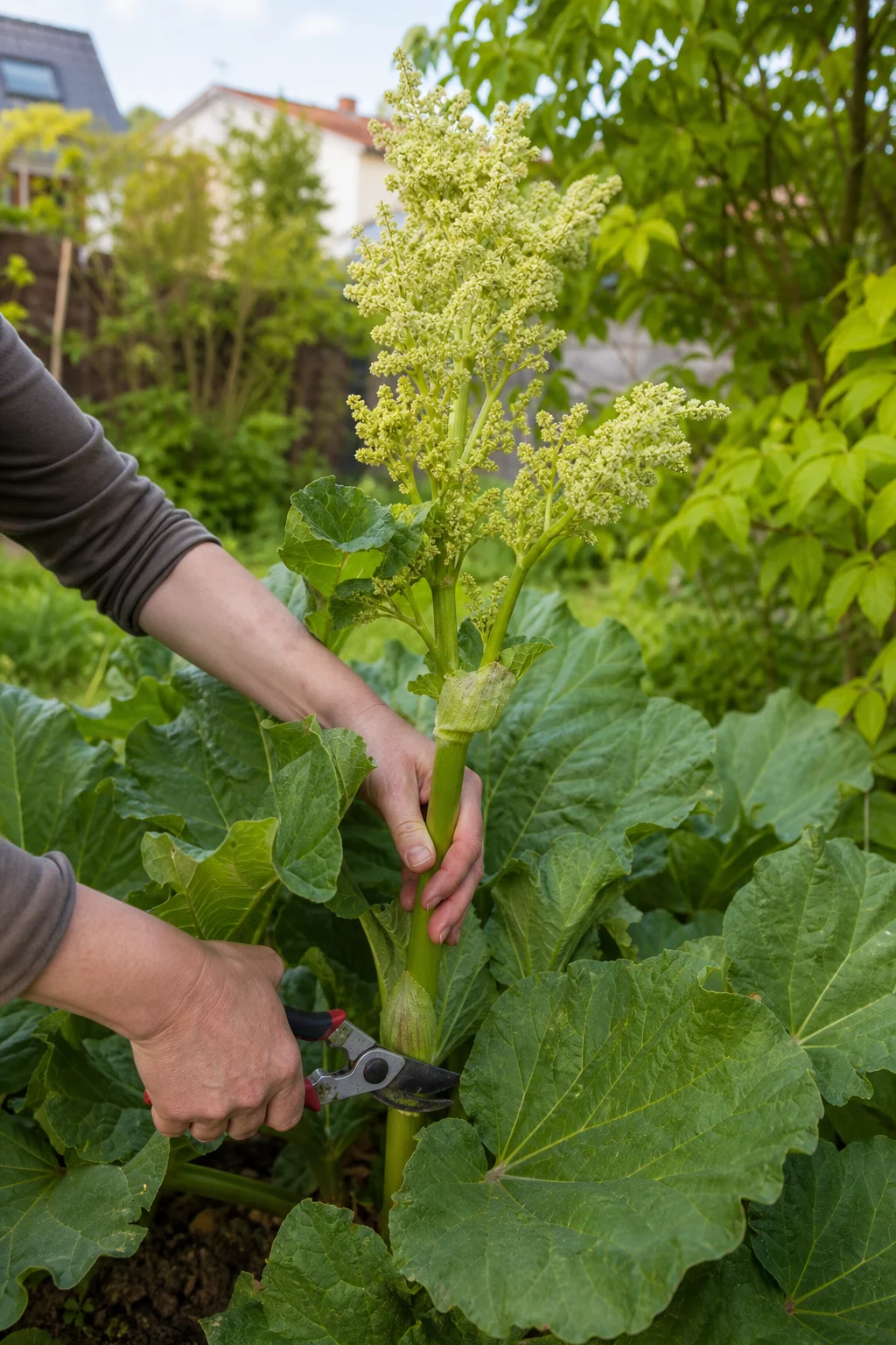 Rhabarberpflanze mit einer hohen cremeweißen Blütenrispe, die mit einer Gartenschere am Ansatz des Blütenstiels abgeschnitten wird, ringsum reife Rhabarberblätter im Tageslicht.