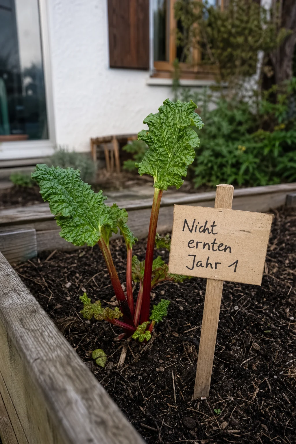 Kleine Rhabarberpflanze im ersten Jahr in einem Hochbeet mit etwa fünf dünnen rot-grünen Stielen und geriffelten Blättern, daneben ein handgemaltes Schild mit der Aufschrift Nicht ernten Jahr 1.