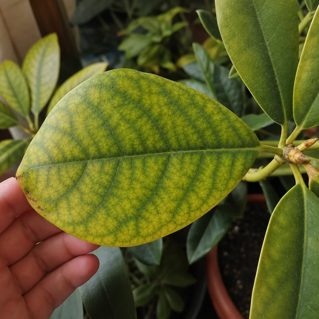 Rhododendron-Blatt mit chlorotisch gelber Fläche und grünen Blattadern (Interveinal-Chlorose)