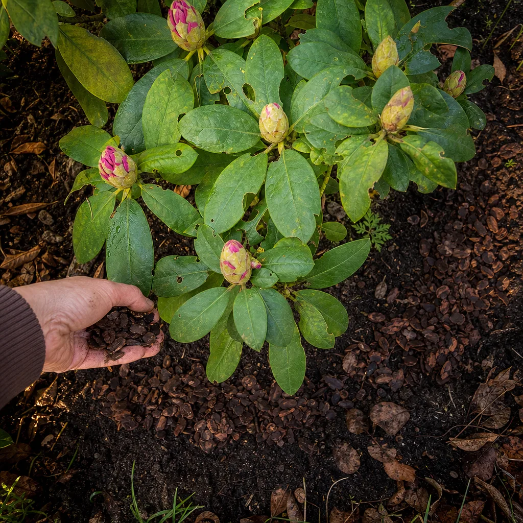 Hand streut Hornspäne ringförmig um einen Rhododendron im Wurzelbereich